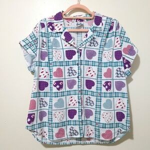 Vintage 90s Tapestry Heart Patchwork Print Button Up Short Sleeve Shirt Large